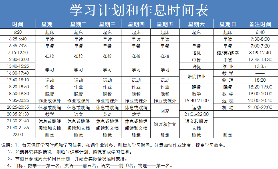 学习计划和作息时间表