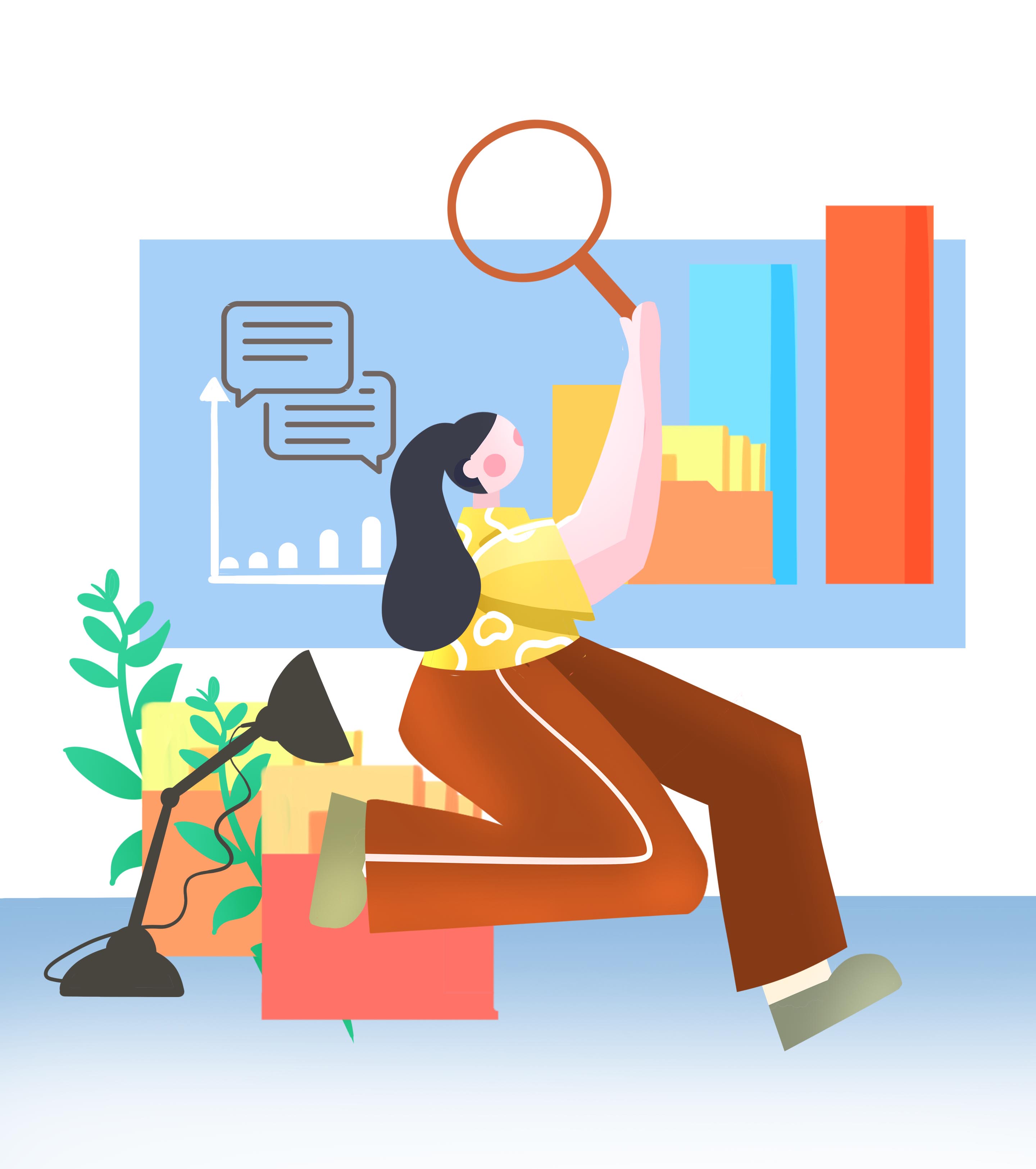 ppt,word,excel优质模板素材下载,放大镜长发女孩数据元素会员免费