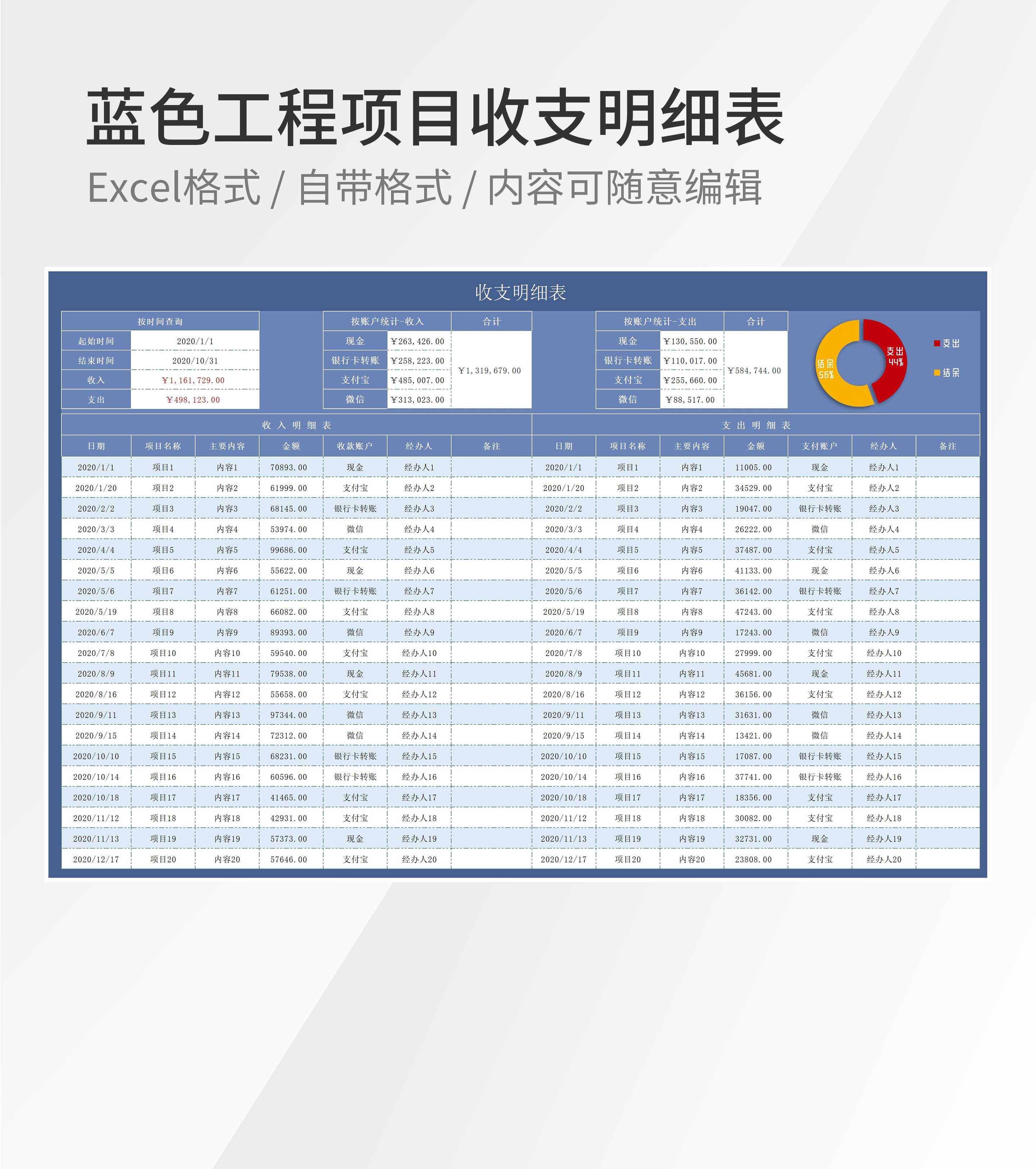 蓝色工程项目收支明细表excel模板