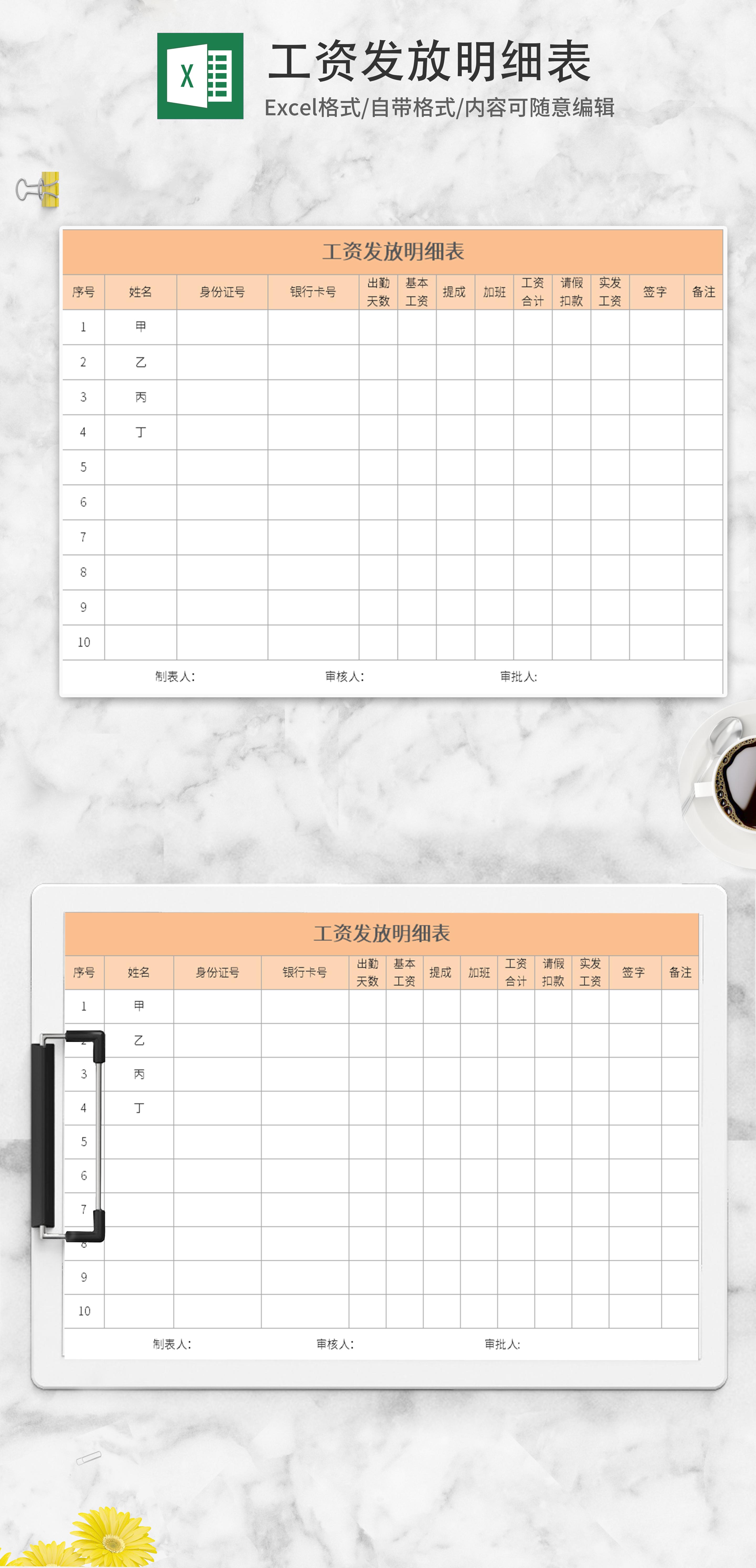 黄色工资发放明细表excel模板