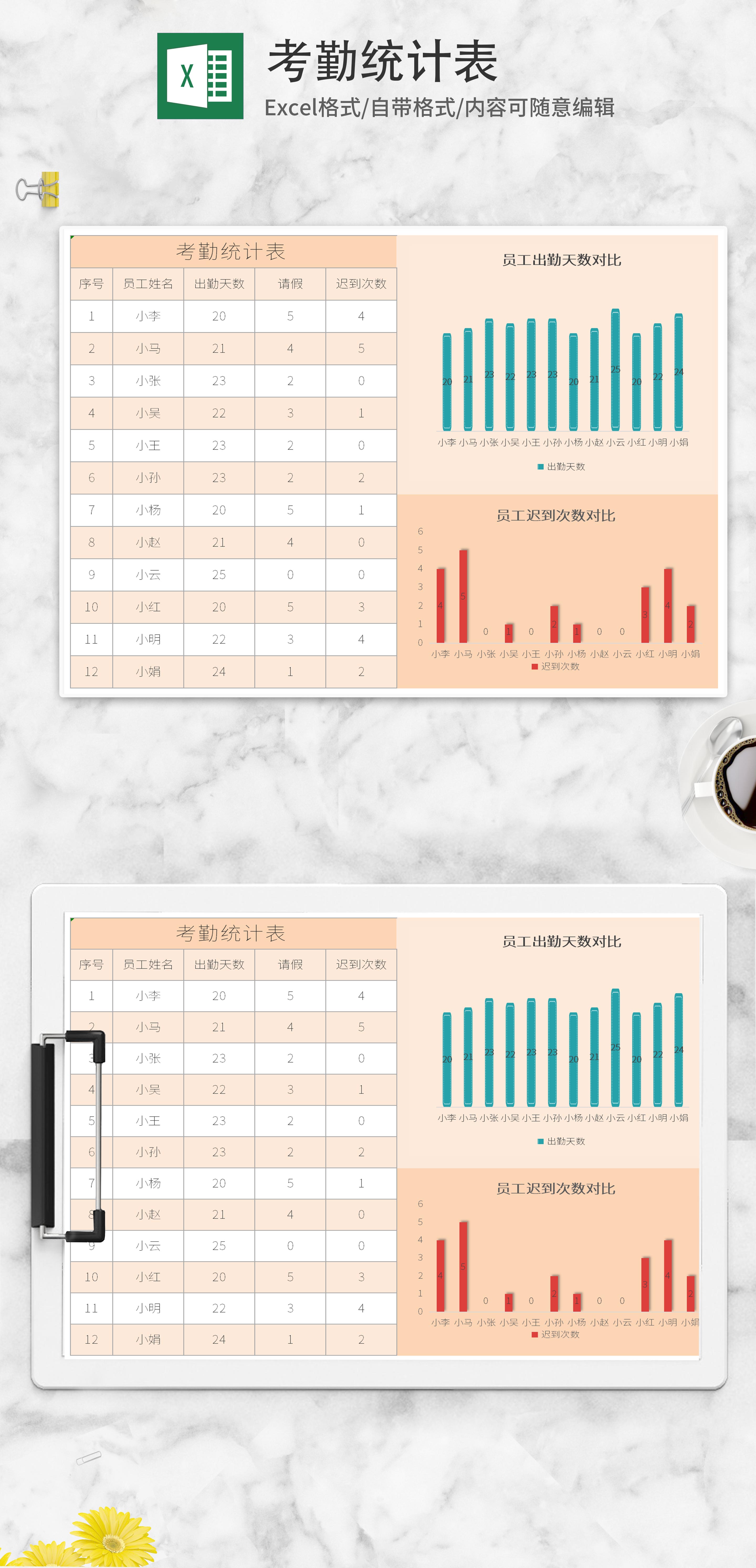 橘色考勤统计表excel模板