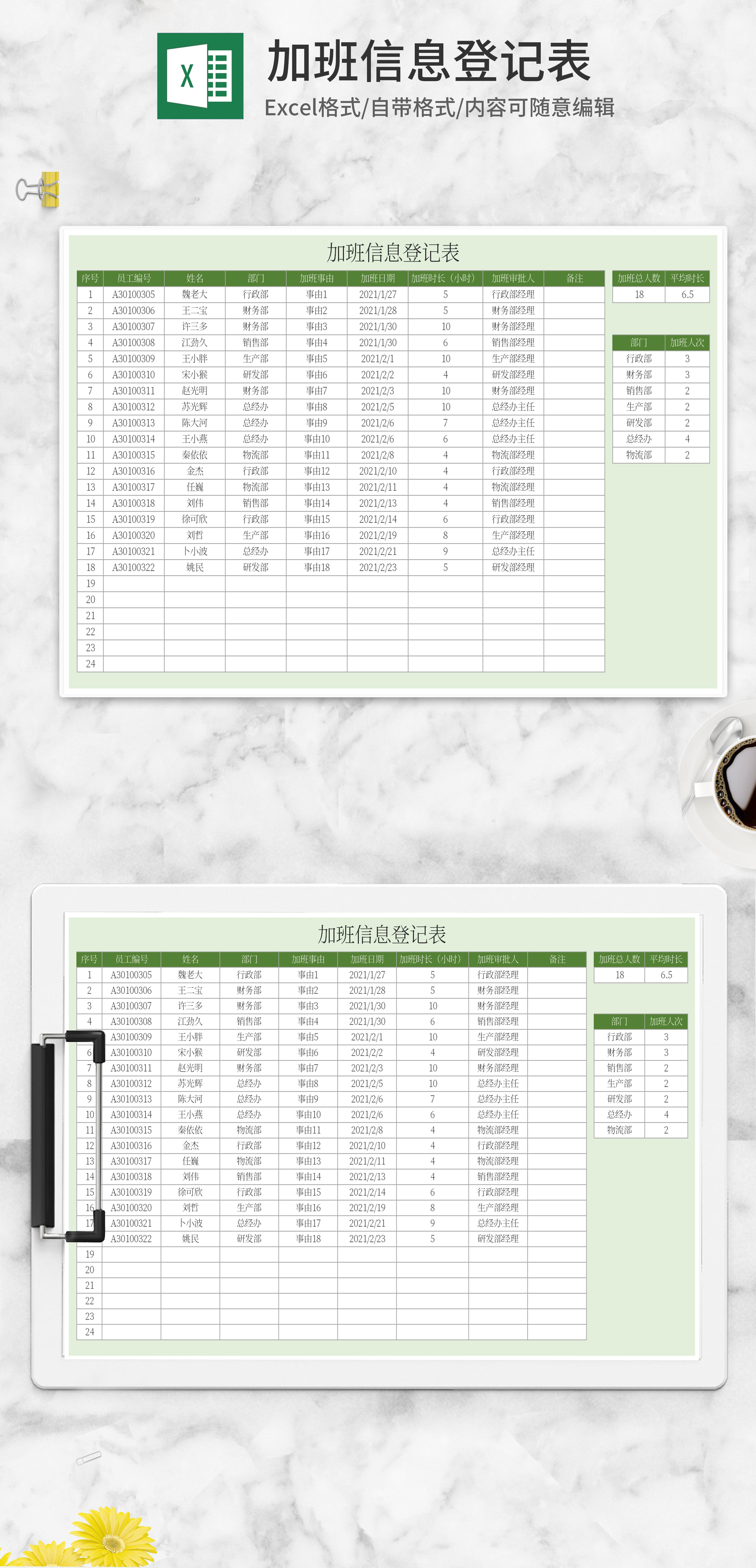 绿色加班信息登记表excel模板