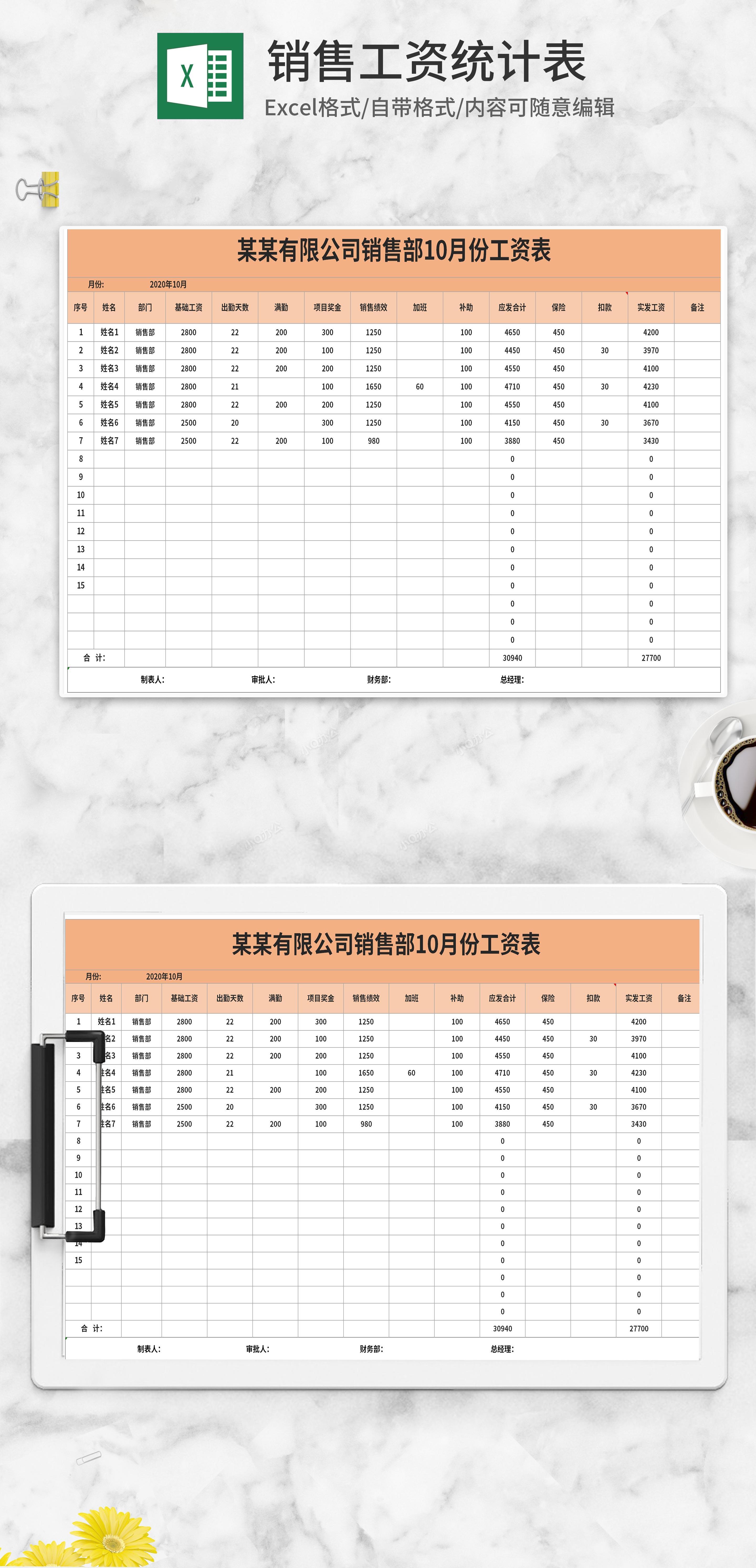 橘色公司销售部工资统计表excel模板