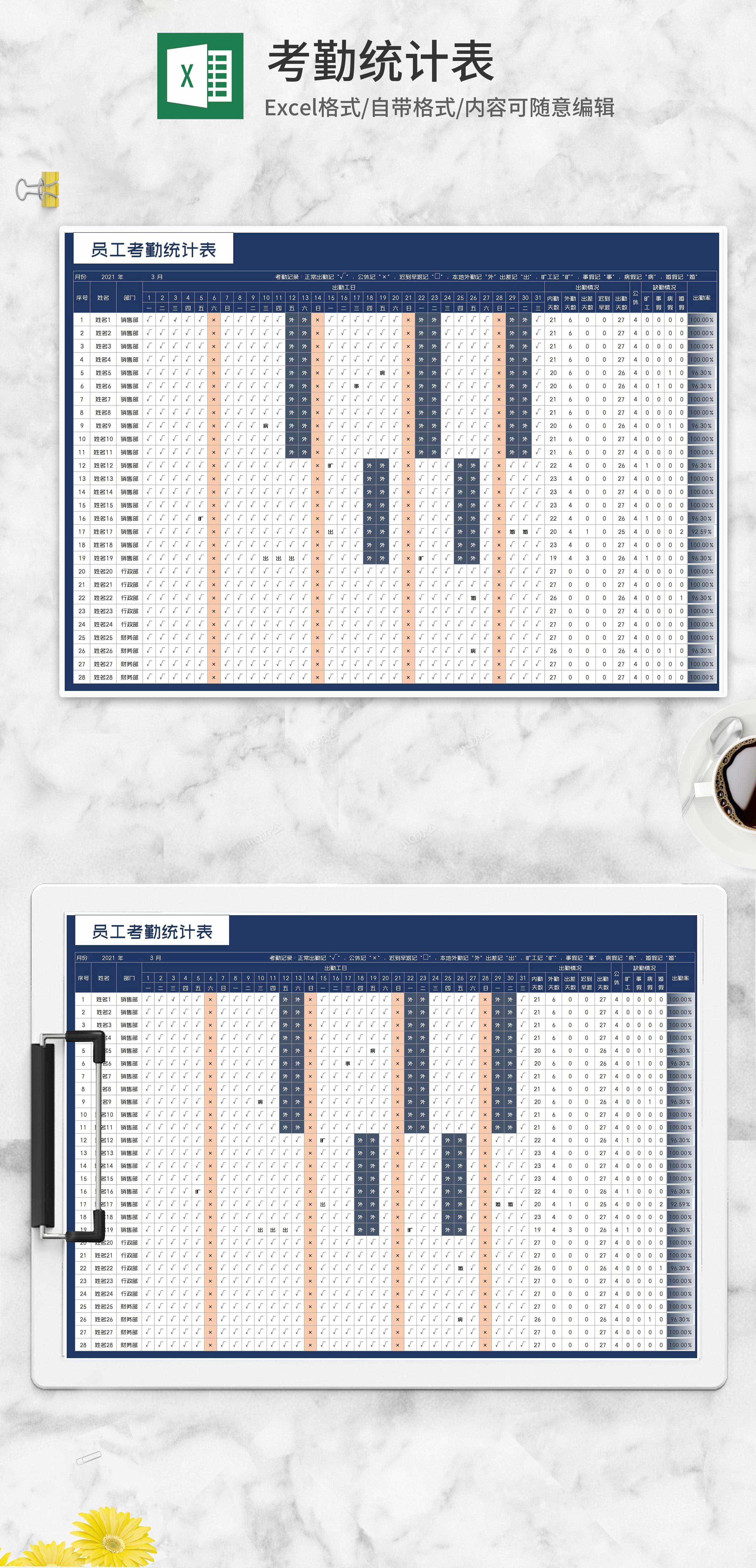 公司部门员工考勤统计表excel模板