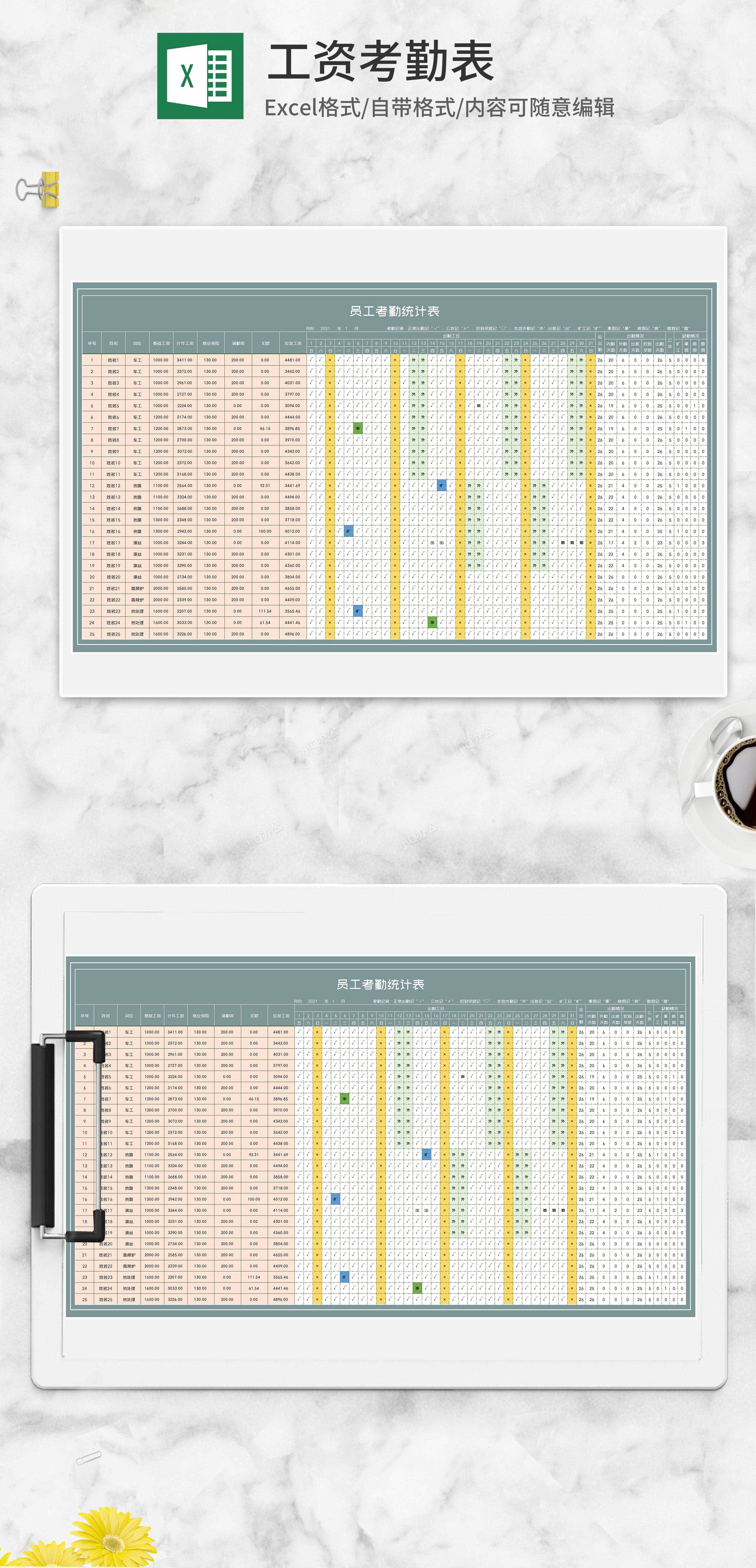 工厂车间员工考勤统计表excel模板