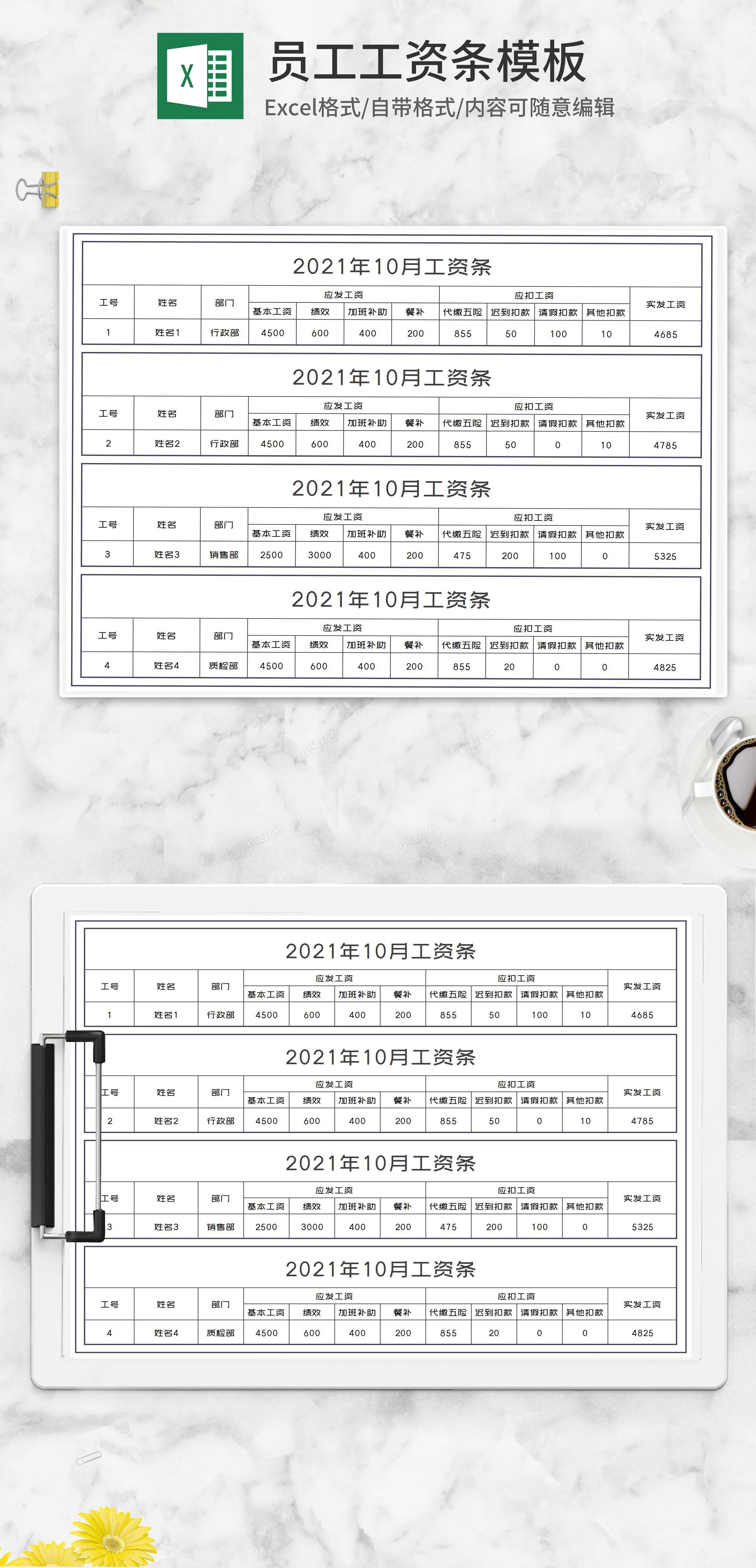 简约公司部门员工工资条excel模板