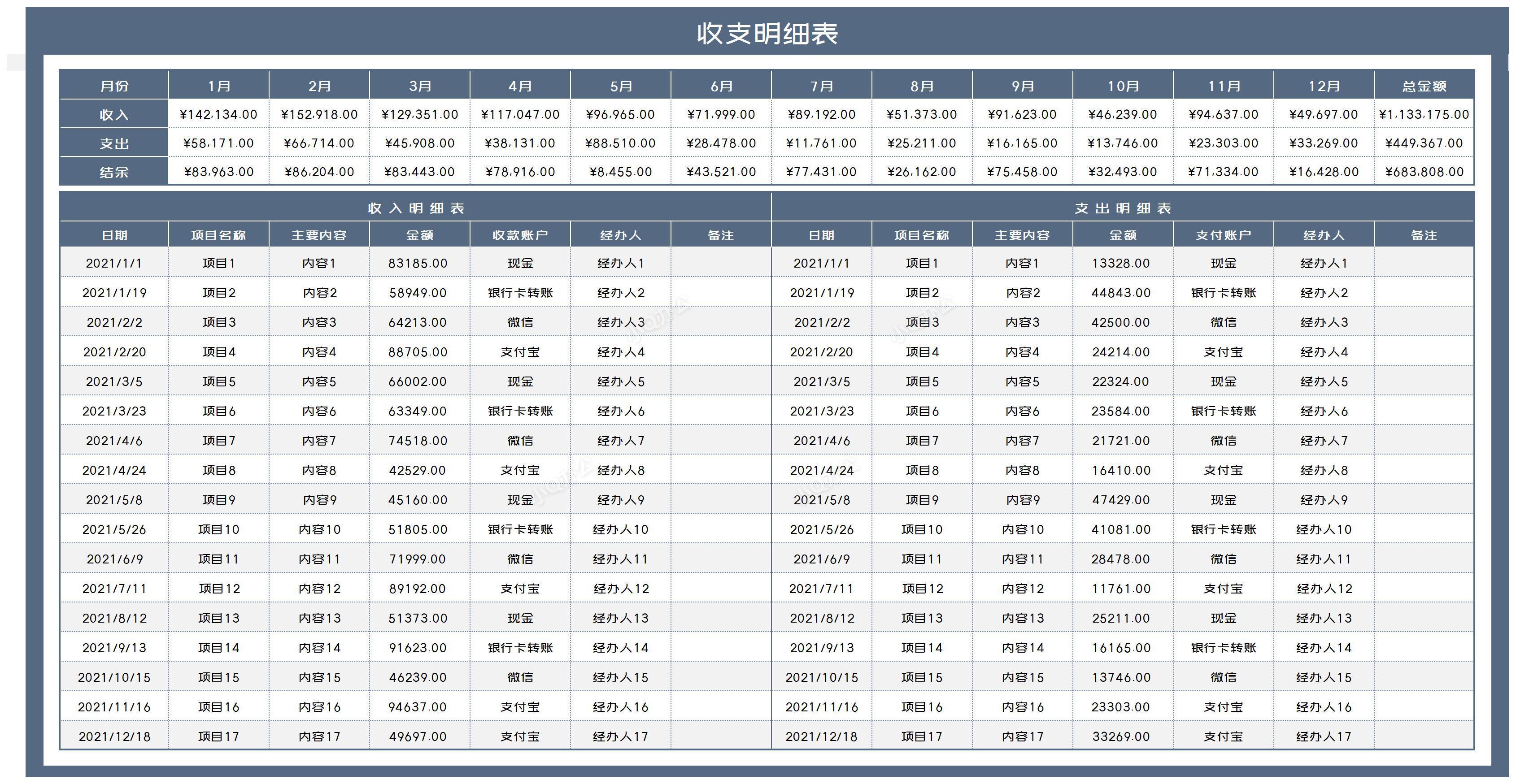 简约灰色年度公司项目收支明细表excel模板