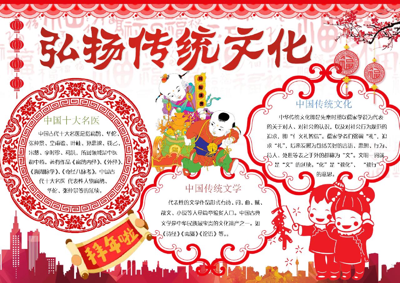 红色剪纸弘扬传统文化手抄报