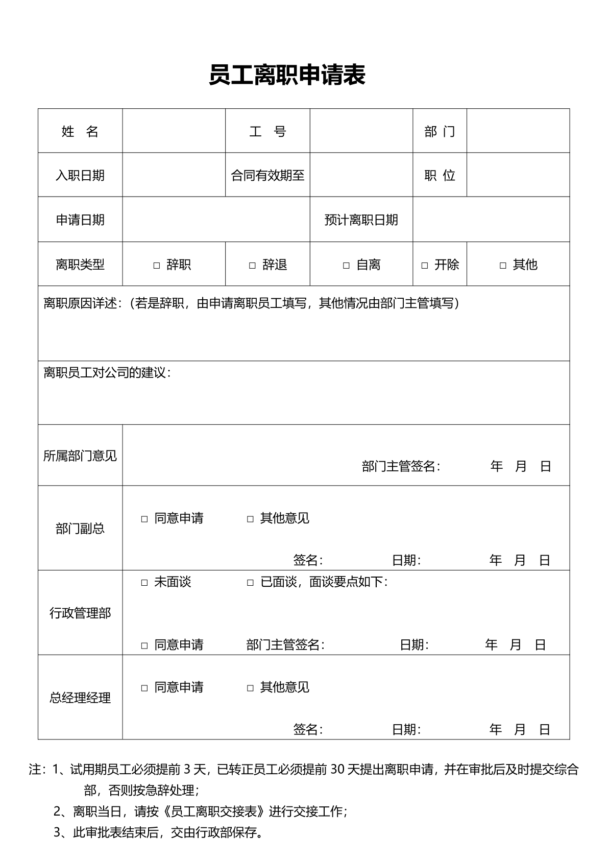 本作品内容为员工离职申请表空白模板word模板下载