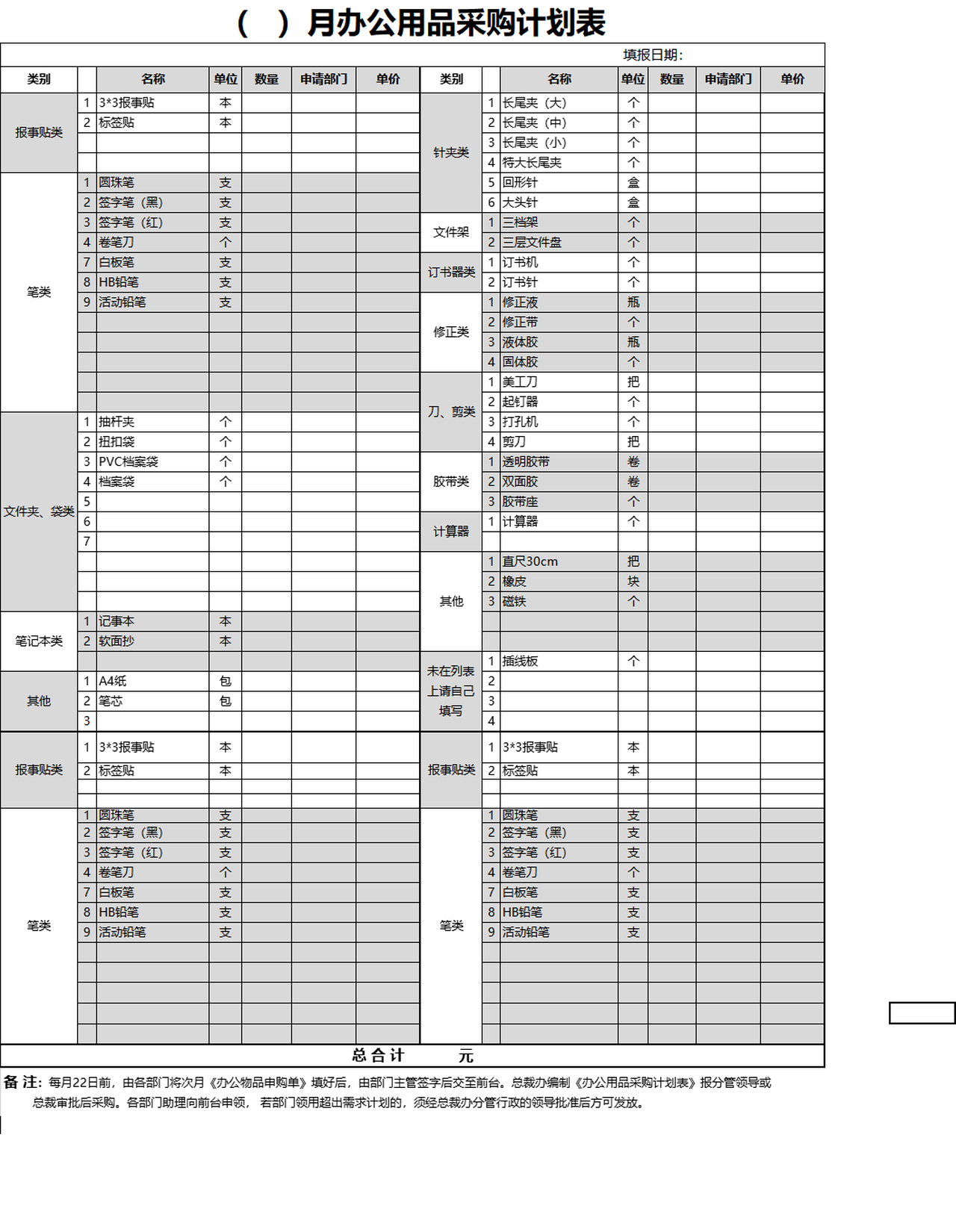 办公用品采购计划表
