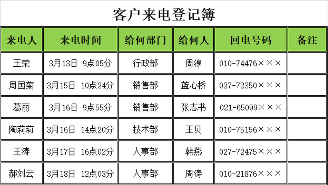 来电登记表格模板图片