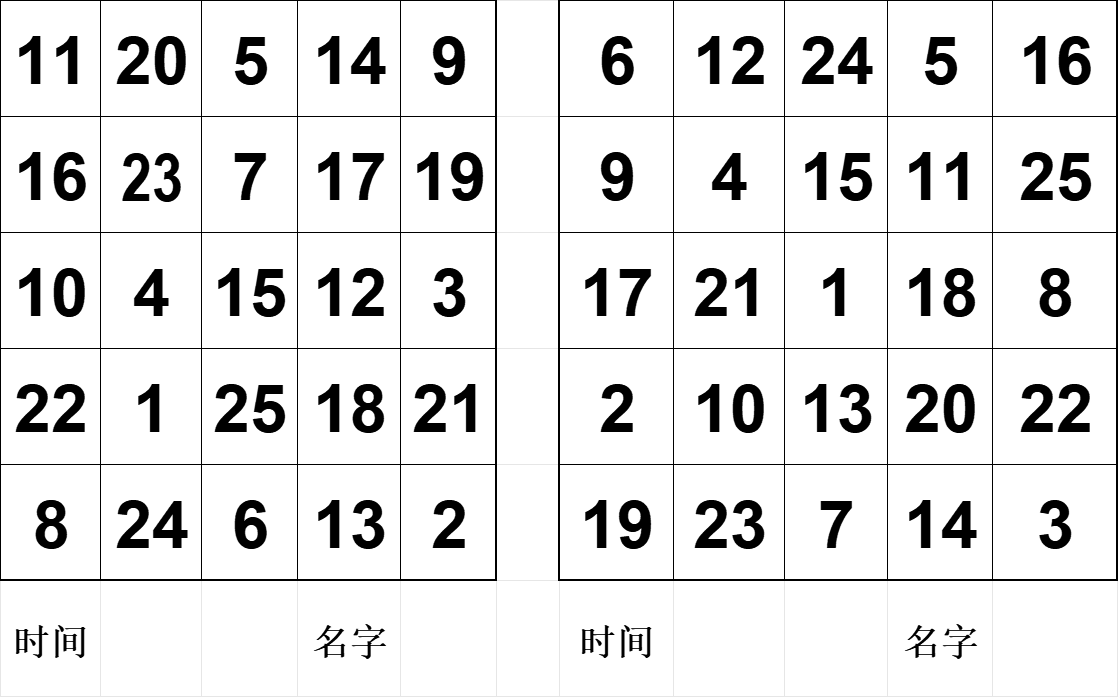 5阶10张舒尔特方格