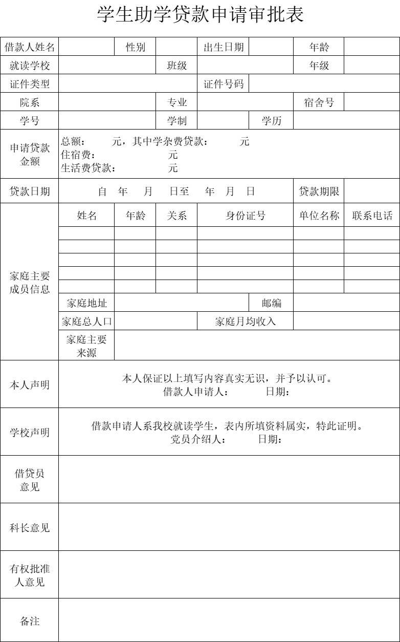 学生助学贷款申请审批表
